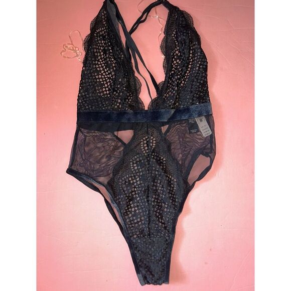 Victoria's Secret 32C BRA+CORSET bustier+TEDDY FISHNET velvet velour BLACK gray - Picture 2 of 12